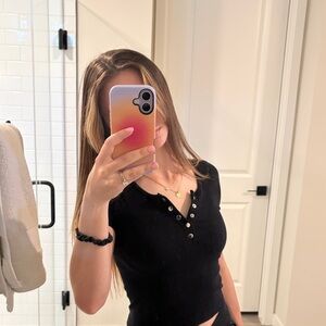 Active USA Black Ribbed Snap-Button Crop Top